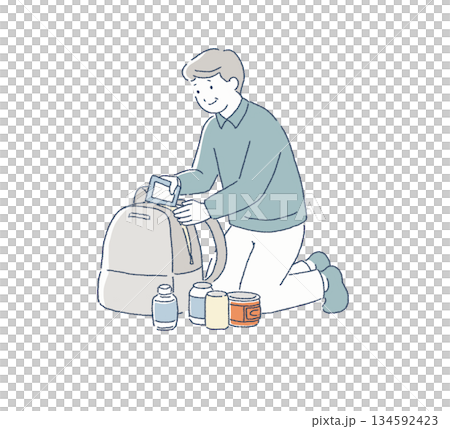 防災リュックを準備する高齢男性のイラスト 134592423