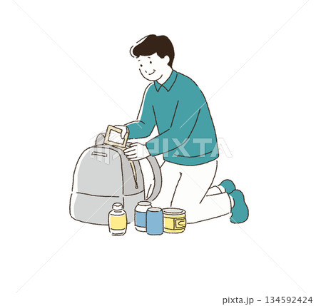 防災リュックを準備する男性のイラスト 134592424