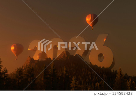 Mirror 2026 numbers emerging from a dark, forested mountain peak at sunset, with hot air balloons ascending into the warm, dramatic sky. New Year 2026 concept. Travel in nature. Future and aspiration. 134592428