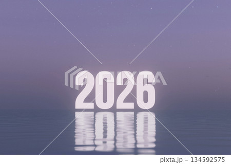 Year 2026 with a stunning reflection on a calm water surface. The background is a serene lavender night sky with subtle stars. Perfect for themes of time, tranquility Year 2026 with a stunning reflection on a calm water surface. The background is a serene lavender night sky with subtle stars. Perfect for themes of time, tranquility 134592575