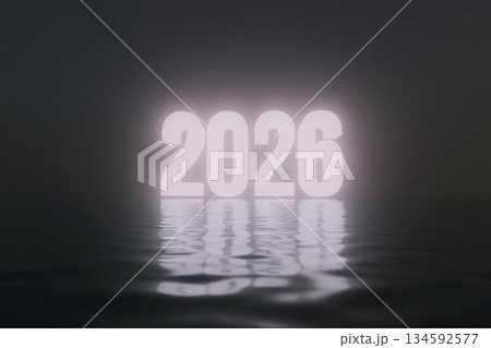 2026 glowing brightly above a dark, rippling water surface. The minimalist and high-contrast scene suggests a focus on the future emerging from the unknown. New Year greetings. Dark, dramatic 2026 glowing brightly above a dark, rippling water surface. The minimalist and high-contrast scene suggests a focus on the future emerging from the unknown. New Year greetings. Dark, dramatic 134592577