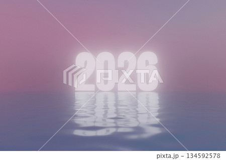 Concept art for the New Year 2026. Illuminated white numbers stand on a reflective ocean surface under a soft pink sky. Great for banners, wallpapers, or designs symbolizing a peaceful. 2026 Creative 134592578