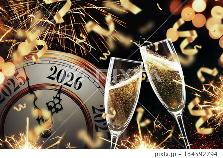 Festive 2026 New Year celebration. Champagne glasses toast on a dark background with golden fireworks, confetti, countdown clock. Luxury holiday party banner and greeting concept. Vintage clock 2026 134592794