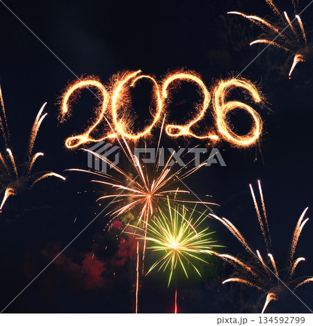 Happy New Year 2026 Firework Display in Night Sky. Golden sparklers forming the number 2026 against a dark sky with colorful fireworks. vibrant celebration of the upcoming year, holiday greetings Happy New Year 2026 Firework Display in Night Sky. Golden sparklers forming the number 2026 against a dark sky with colorful fireworks. vibrant celebration of the upcoming year, holiday greetings 134592799