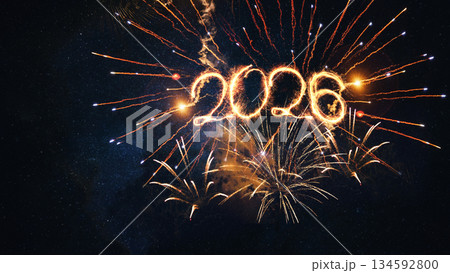 Happy New Year 2026 Square creative Greeting card. Beautiful holiday web banner with Golden sparkling number 2026 on night sky Happy New Year 2026 Square creative Greeting card. Beautiful holiday web banner with Golden sparkling number 2026 on night sky 134592800