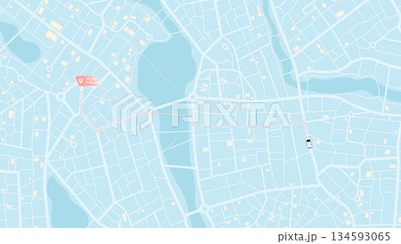 Car navigation map. Route planning with destination marker and ETA. GPS tracking system to navigate around the city. City map with car icon on planned route Vector illustration 134593065