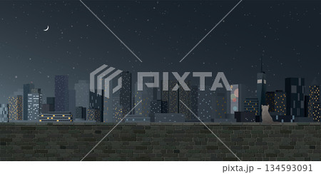 A cat sitting on old brick wall looking at the night view of skyscraper graphic illustration have blank space. 134593091