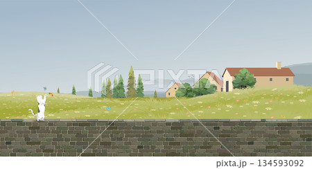 A cat playing with butterfly on old brick wall have small village in colorful flower fields hill and mountain range behind graphic illustration. A cat playing with butterfly on old brick wall have small village in colorful flower fields hill and mountain range behind graphic illustration. 134593092