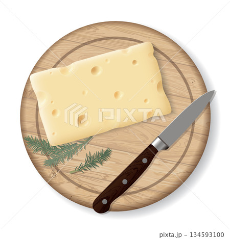 A piece of swiss cheese with knife on a wooden cutting board top view isolated on white background graphic illustration. A piece of swiss cheese with knife on a wooden cutting board top view isolated on white background graphic illustration. 134593100