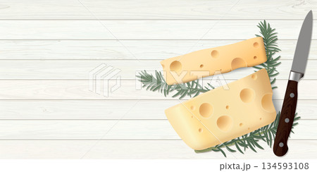 Swiss cheese with slices, rosemary and knife on a wooden background top view graphic illustration have blank space. 134593108