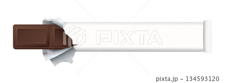 Wrapped mini chocolate bar was unwrapped and there was a chocolate bar inside top view isolated graphic illustration have blank space. Wrapped mini chocolate bar was unwrapped and there was a chocolate bar inside top view isolated graphic illustration have blank space. 134593120