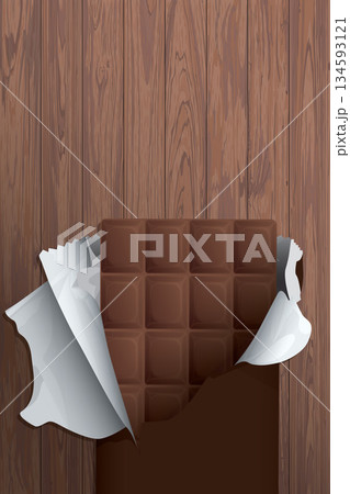 Wrapped chocolate bar was unwrapped and there was a chocolate bar inside placed on wooden vertical background graphic illustration have blank space. 134593121