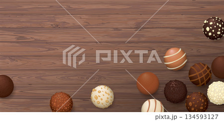 Various chocolate balls top view on wooden background graphic illustration have blank space. 134593127