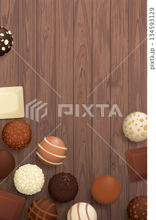 Various chocolate balls and chocolate bar top view on wooden vertical background graphic illustration have blank space. Various chocolate balls and chocolate bar top view on wooden vertical background graphic illustration have blank space. 134593129