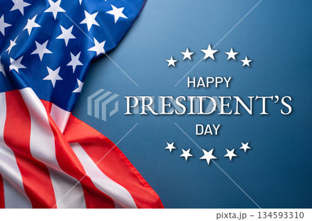 President's day. Blue background with American flag. Website banner and greeting card design template. President's day. Blue background with American flag. Website banner and greeting card design template. 134593310