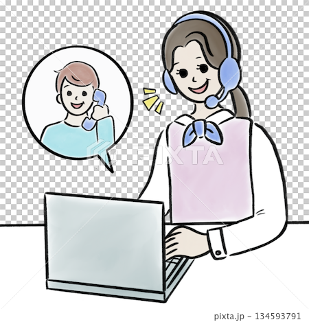 水彩插畫素材，描繪了一名男子撥打呼叫中心電話的情景 134593791