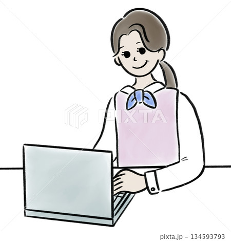 水彩風パソコンを使う女性のイラスト素材 水彩風パソコンを使う女性のイラスト素材 134593793