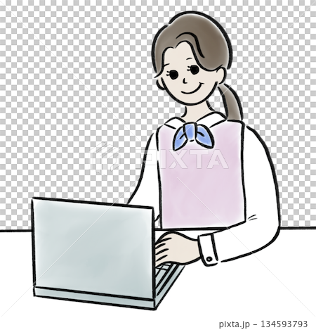 水彩風パソコンを使う女性のイラスト素材 水彩風パソコンを使う女性のイラスト素材 134593793