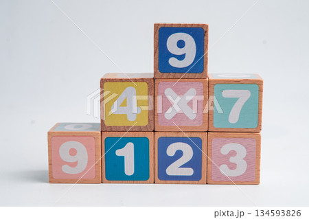 Number wood block cubes for learning Mathematic, education math. 134593826