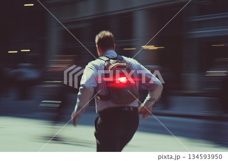 Businessman in motion with glowing red backpack light rushing through a blurred city street, symbolizing urgency and speed 134593950