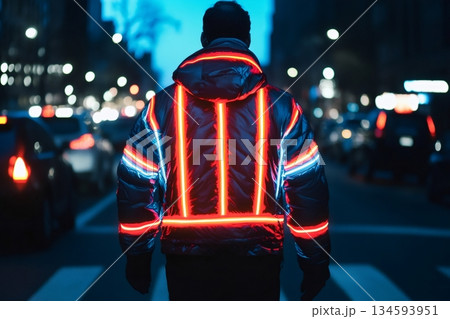 Person in illuminated neon jacket crossing a city street at night, symbolizing safety, visibility, and modern urban lifestyle 134593951