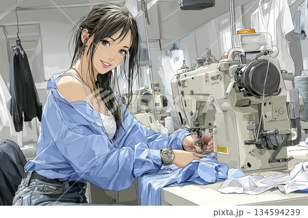 縫製工場でミシン作業をする女性｜アパレル製造のプロフェッショナル 134594239