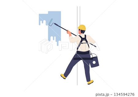 Illustration of Professional Painter Working at Height with Safety Harness Painting High Rise Building Wal 134594276