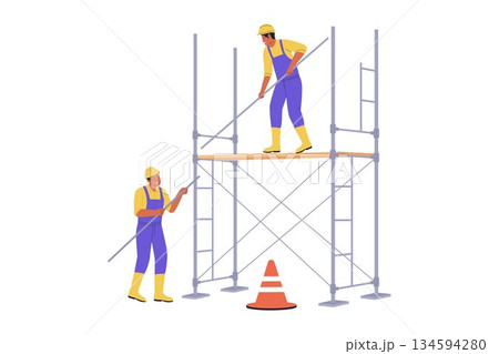Illustration of Construction Workers Assembling Steel Scaffolding Structure for Building Maintenance Illustration of Construction Workers Assembling Steel Scaffolding Structure for Building Maintenance 134594280