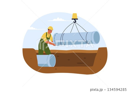 skilled_Water Pipe InstallationIllustration of Construction Workers Installing Underground Water Pipe System for City Infrastructure 134594285
