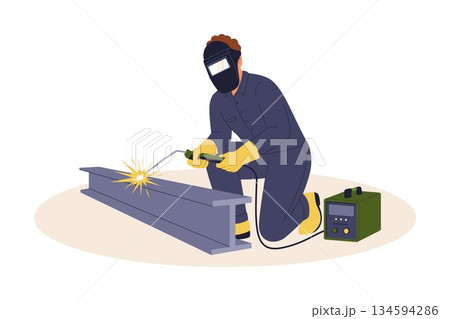 Illustration of Skilled Industrial Welder Working on Steel Beam with Protective Mask and Spark Flash 134594286