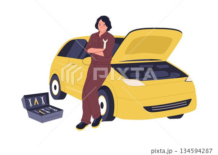 Illustration of Professional Female Mechanic Repairing Car Engine with Tool Box Illustration of Professional Female Mechanic Repairing Car Engine with Tool Box 134594287