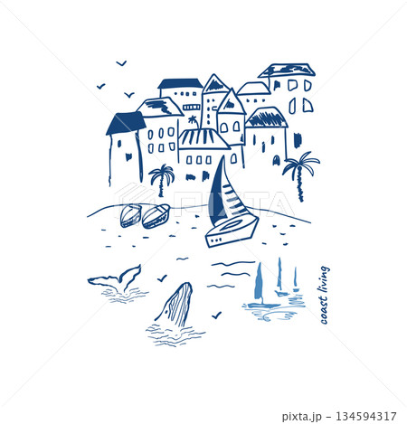 La Dolce Vita aesthetic poster in sketch style drawing. Vector Italian summer vacation, coastal city card. 134594317