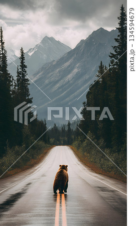 雨の山道を歩く野生の熊。自然と孤独を象徴する動物の風景写真 134594679