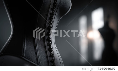 Closeup of elegant black corset on mannequin with lacing detail in moody light near a blurred window 134594685