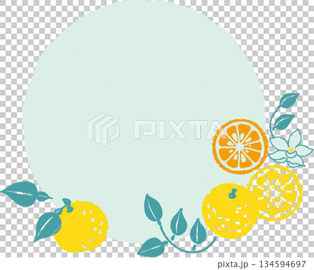 復古風格，簡約流行柚子插畫，圓形畫框 134594697