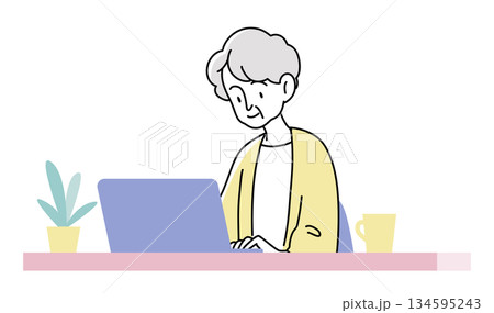 ノートパソコンを使う高齢者の上半身イラスト　シンプルなベクター素材 134595243