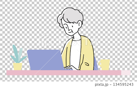 ノートパソコンを使う高齢者の上半身イラスト　シンプルなベクター素材 134595243