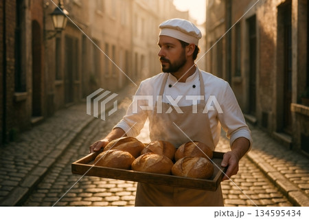 Baker walking down cobblestone street in old town at sunrise, carrying wooden tray of warm, crusty loaves of bread Baker walking down cobblestone street in old town at sunrise, carrying wooden tray of warm, crusty loaves of bread 134595434