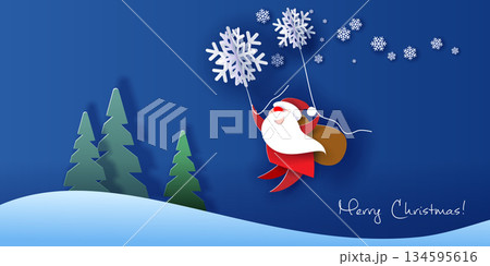 New year and Merry Christmas advertising design. Santa Claus fly with snowflakes on blue background New year and Merry Christmas advertising design. Santa Claus fly with snowflakes on blue background 134595616