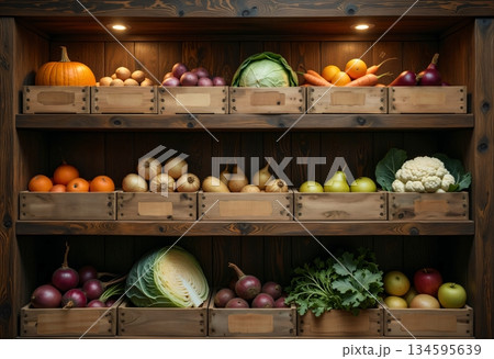 Wooden crates loaded with colorful farm vegetables stored in a cozy pantry 134595639