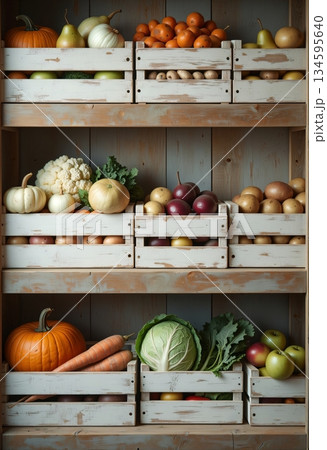 Autumn harvest vegetables organized on natural wooden shelves in warm interior 134595640
