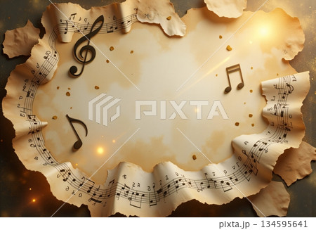 Vintage musical parchment background with notes and glowing atmosphere 134595641