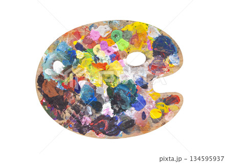A classic oval artist's palette covered with colorful strokes of fresh paint. An isolated object on a white background symbolizing the creative process, inspiration, art, and professional painting. A classic oval artist's palette covered with colorful strokes of fresh paint. An isolated object on a white background symbolizing the creative process, inspiration, art, and professional painting. 134595937