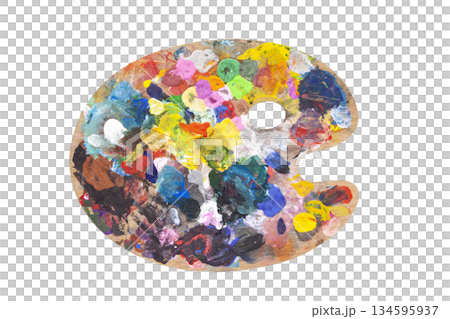 A classic oval artist's palette covered with colorful strokes of fresh paint. An isolated object on a white background symbolizing the creative process, inspiration, art, and professional painting. 134595937