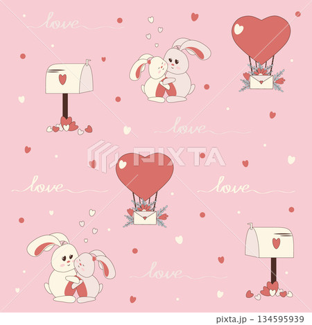 Vector holiday background with cute bunnies, heart-shaped balloons, and mailboxes. Delicate pink pattern for wrapping paper, textiles, and Valentine s Day greetings. Vector holiday background with cute bunnies, heart-shaped balloons, and mailboxes. Delicate pink pattern for wrapping paper, textiles, and Valentine s Day greetings. 134595939