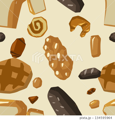 Seamless pattern of various bread types. Waffles, loaf, baguette, bun, pretzel, croissant and other baked goods 134595964