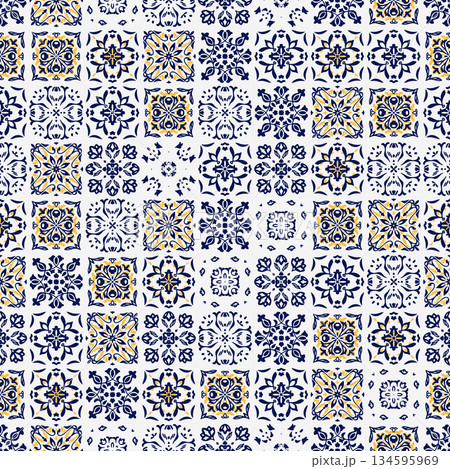 Seamless pattern of blue and yellow tiles on a white background Seamless pattern of blue and yellow tiles on a white background 134595969