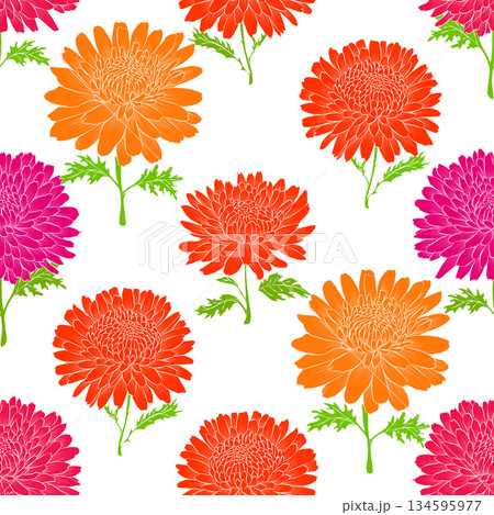 A vibrant floral seamless pattern with pink, orange, and purple flowers on a white background 134595977