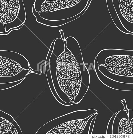 Papaya seamless pattern. Fruit monochrome background. Food black and white print 134595978