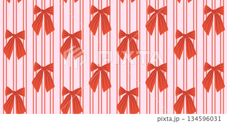Seamless retro whimsical vertical stripe bow pattern. Coquette ribbon texture for Valentine, weddings, gift wrap, stationery, feminine and romantic packaging. Vector illustration with bows on stripes 134596031